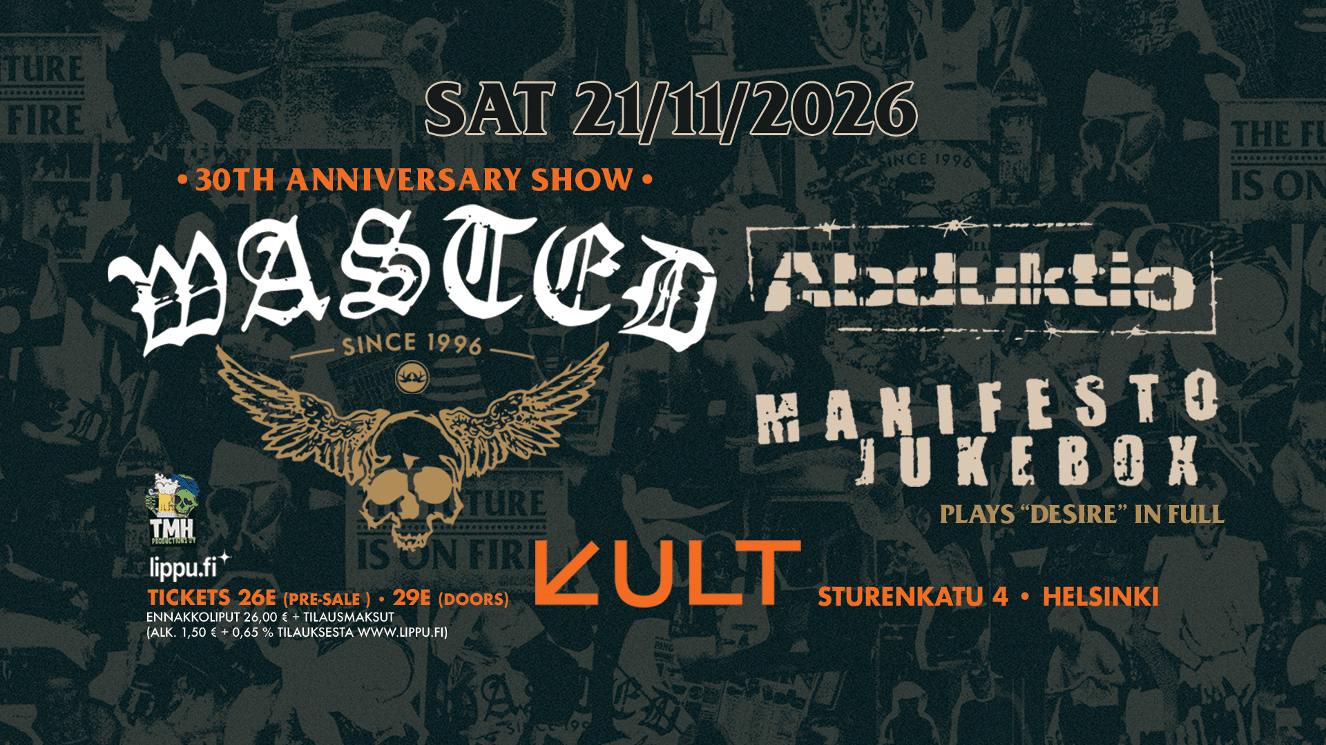Wasted 30 V. -juhlakonsertti KULT-klubilla 21.11.2026