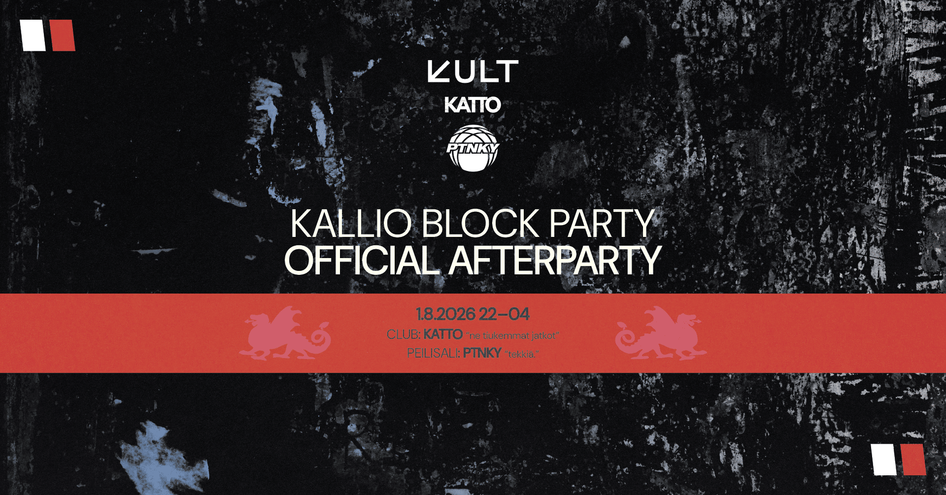 Kallio Block Party Official Afterparty 2026 KULT-klubilla Helsingin Kulttuuritalolla.